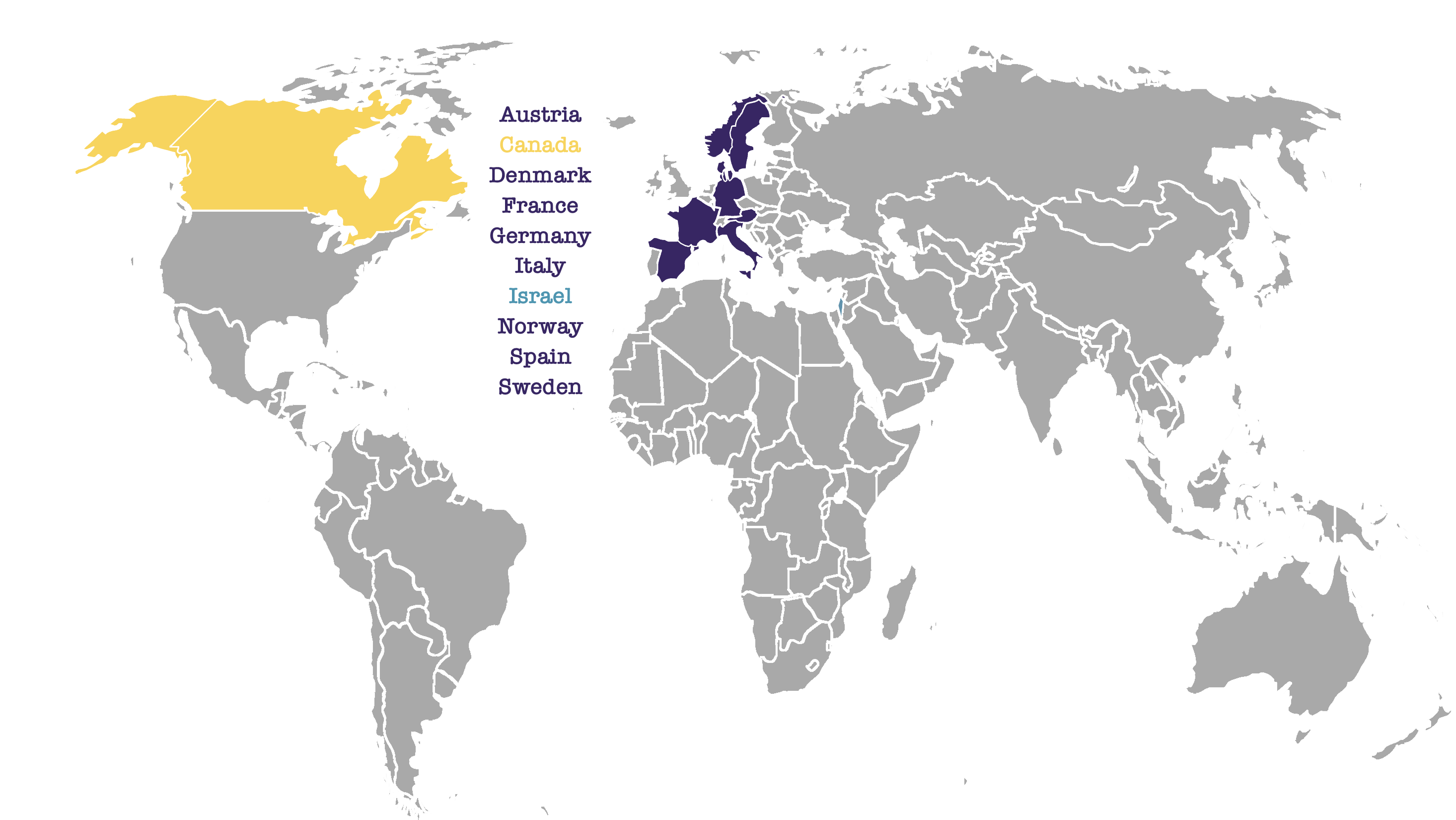 map of the world with countries taking part in the study highlighted